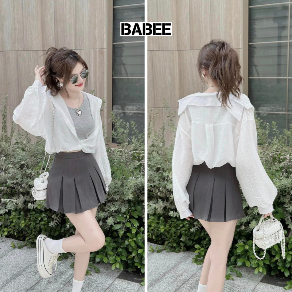 Áo Sơ Mi Nữ BABEE Croptop Tay Dài Chất Đũi Tơ Phối Ba Lỗ Thun Gân May Liền Phong Cách Trẻ Trung