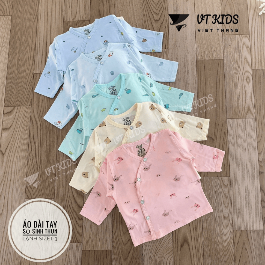 Combo 5 Áo dài tay sơ sinh vạt chéo thun lạnh phối màu VT in hoạ tiết cho bé 0 - 9 tháng [AL07] Đậu Đậu Store