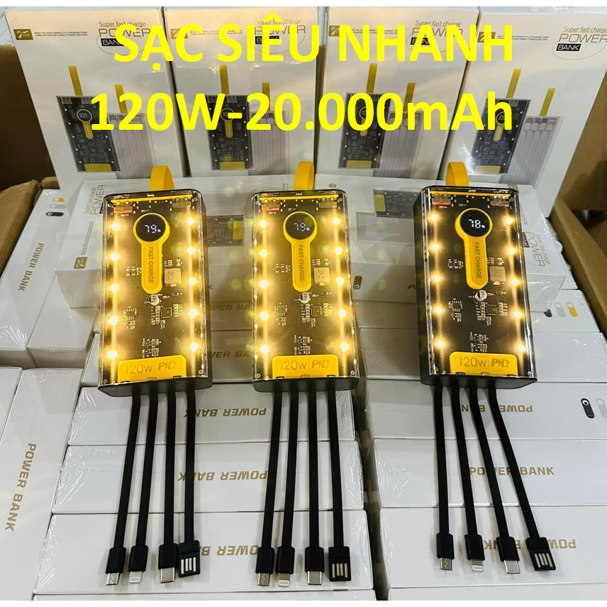 Sạc dự phòng siêu nhanh/nhanh 20000mAh và 10000mAh tích hợp pin sạc kèm đèn với sạc 3 đầu phù hợp tất cả dòng máy