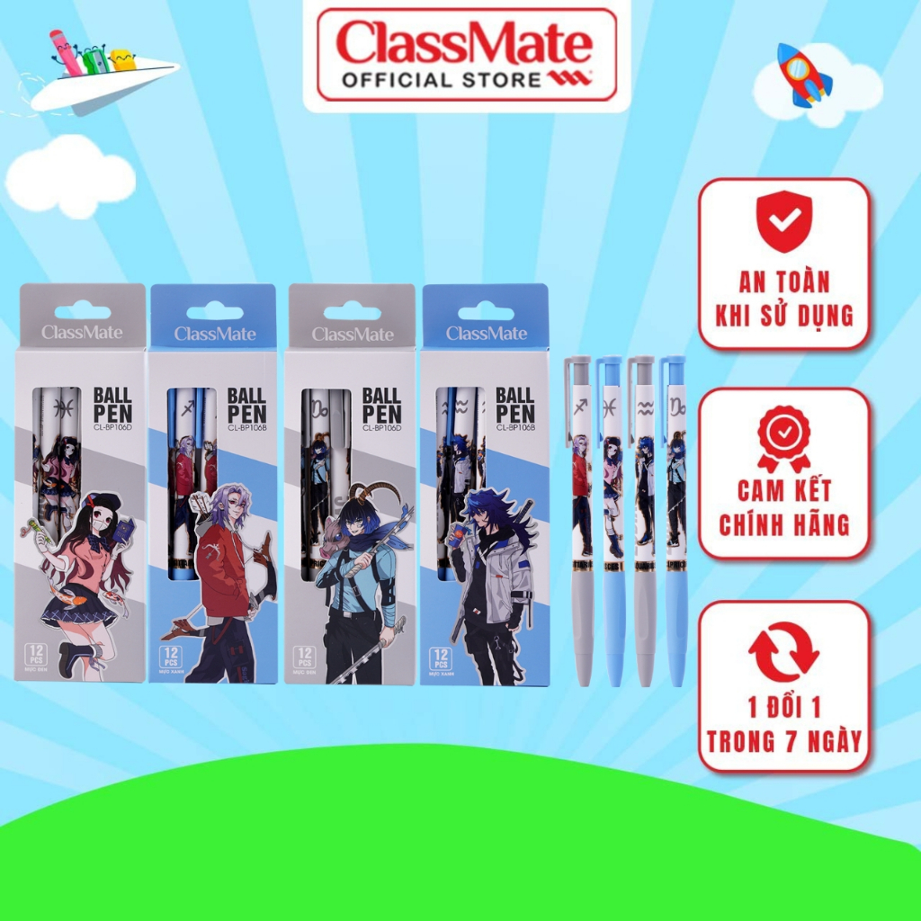 Hộp 12 Bút Bi Classmate Bút Ngòi 0.5mm Bút Mực Đen, Xanh Viết Trơn, Mực Ra Đều, Ghi Chép Hình Cung Hoàng Đạo CL-BP106