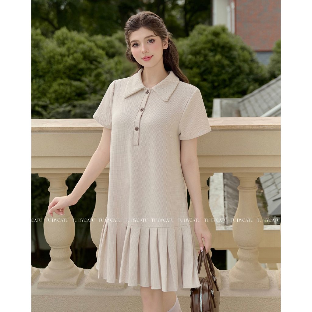 Ảnh TUBYCATU | Đầm sơ mi thun hồng/ kem tùng xếp 3