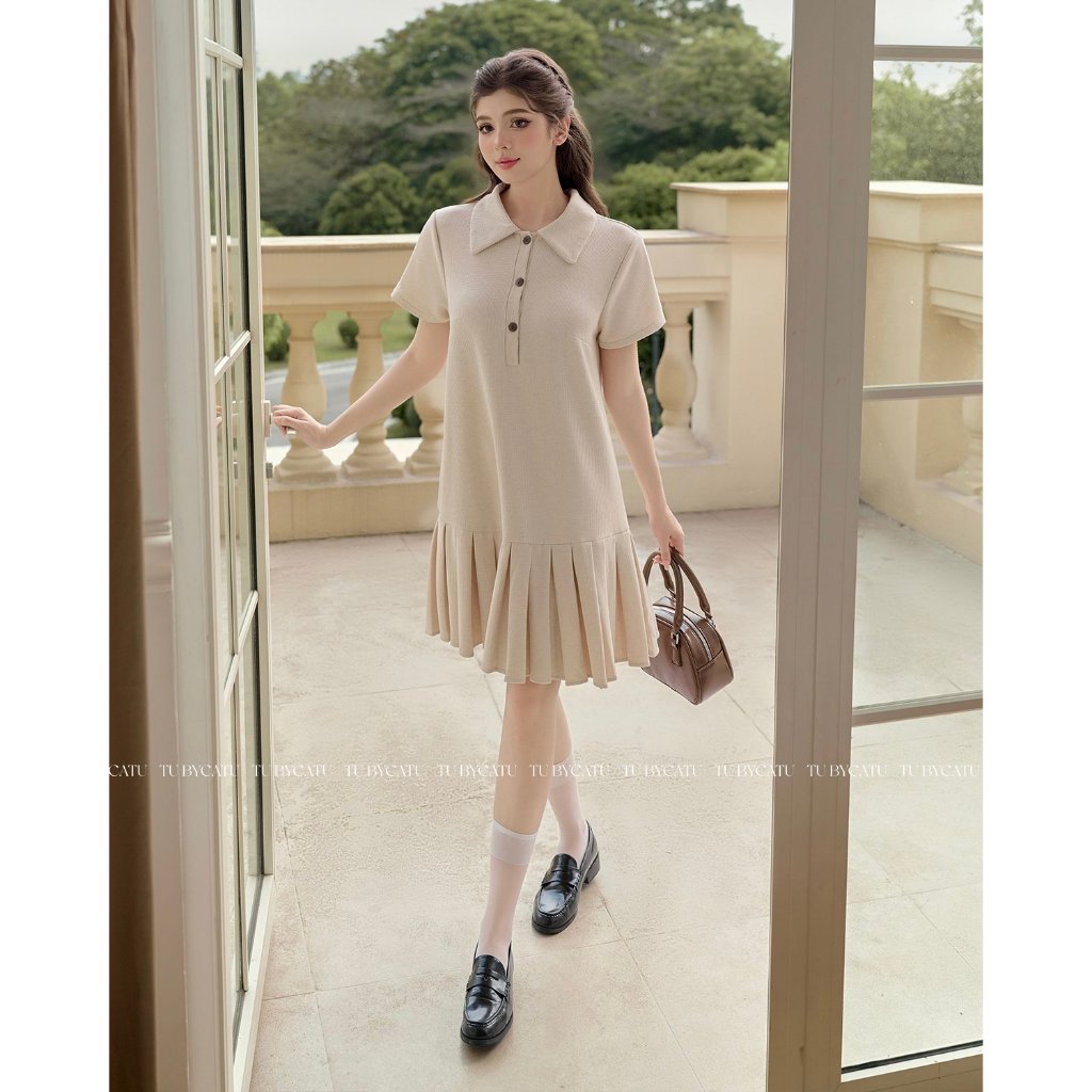 Ảnh TUBYCATU | Đầm sơ mi thun hồng/ kem tùng xếp 1
