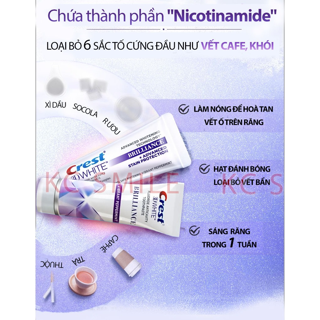Kem đánh răng Crest 3D White Brilliance 99g/130g -  Làm trắng răng vượt trội hơi thở thơm mát