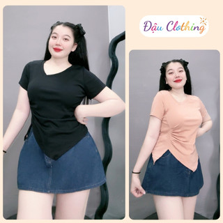 Áo thun bigsize nữ tay ngắn cổ tim dáng áo ôm nhún eo vạt lệch chất vải borip thái co giãn tốt A40+G265