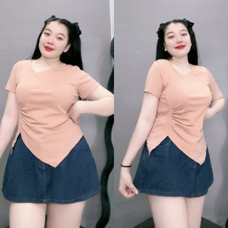 Áo thun bigsize nữ tay ngắn cổ tim dáng áo ôm nhún eo vạt lệch chất vải borip thái co giãn tốt A40+G265