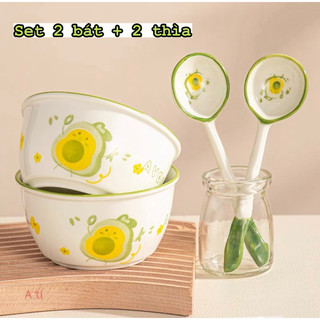 T&T0042 Set 2 bát 2 thìa sứ cao cấp hình trái bơ siêu cute sang chảnh đóng xốp từng set