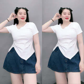 Áo thun bigsize nữ tay ngắn cổ tim dáng áo ôm nhún eo vạt lệch chất vải borip thái co giãn tốt A40+G265
