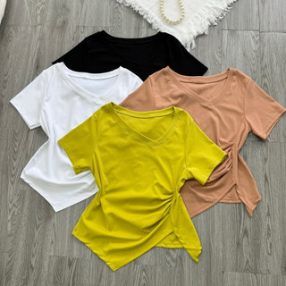Áo thun bigsize nữ tay ngắn cổ tim dáng áo ôm nhún eo vạt lệch chất vải borip thái co giãn tốt A40+G265