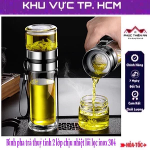 Bình pha trà thủy tinh 2 lớp chịu nhiệt, lõi lọc inox304, dung tích 450ml, có dây đeo tiện dụng