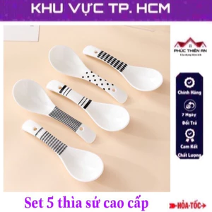 Set 5 muỗng thìa sứ cao cấp chịu nhiệt, họa tiết basic đen trắng hiện đại kèm hộp đựng sang trọng