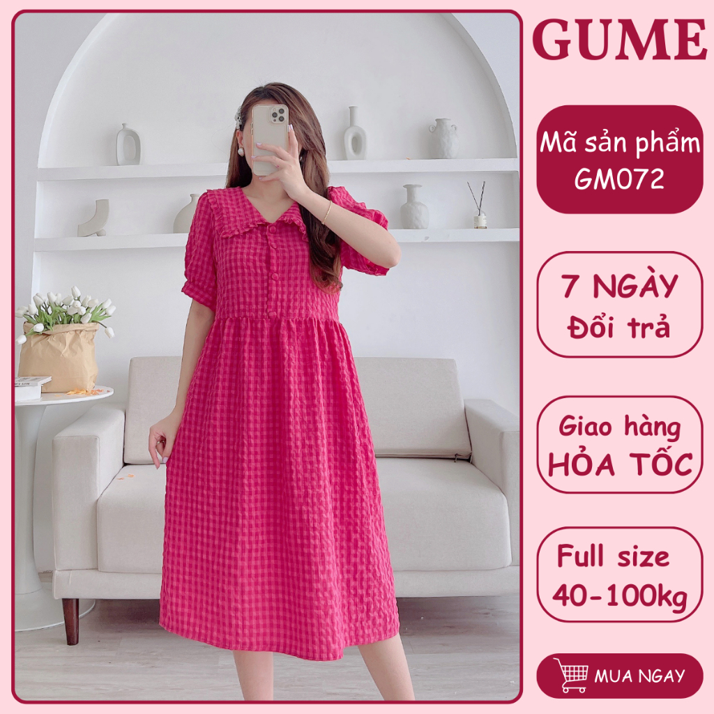 Váy bầu bigsize - Đầm bầu thiết kế GuMe kẻ karo hồng đậm dáng babydoll ...