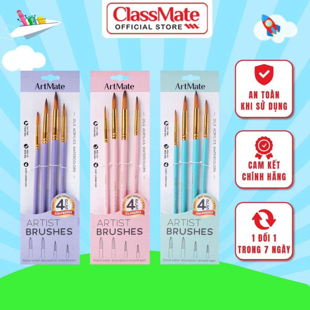 Cọ Vẽ Màu Nước Classmate Bộ Cọ Vẽ Gỗ Đầu Tròn 4 Món, Đầu Cọ Mềm Tô Màu Vẽ Tranh Tô Tượng Dùng Với Nhiều Loại Màu PBS003