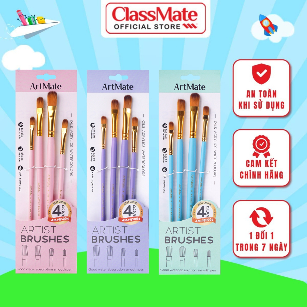 Bộ Cọ Vẽ Màu Nước Classmate Cọ Vẽ Gỗ Đầu Vuông 4 Món, Đầu Cọ Mềm Dùng Với Nhiều Loại Màu, Vẽ Tranh, Tô Màu AM-PBS004