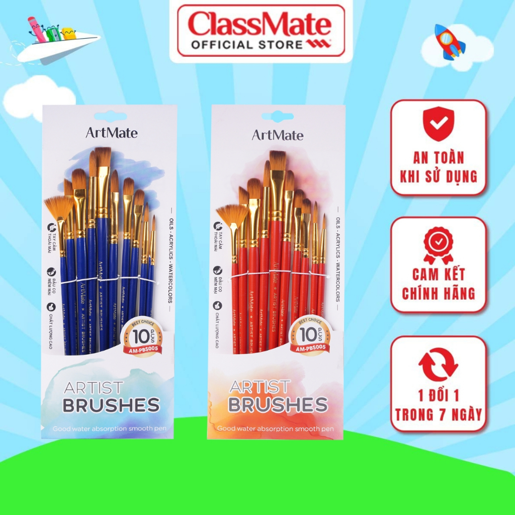 Bộ Cọ Vẽ Màu Nước Classmate Cọ Vẽ Gỗ 10 Món Đa Dạng Đầu Lông Tô Màu, Vẽ Trang, Tô Tượng Dùng Với Nhiều Loại Màu PBS005