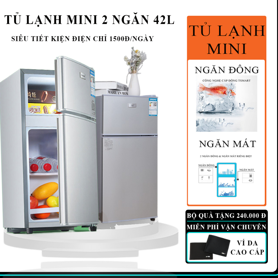 Tủ lạnh mini, tủ lạnh 2 cánh làm lạnh nhanh ngăn đá và ngăn lạnh giữ đồ luôn tươi mới, siêu nhỏ gọn tiết kiệm điện