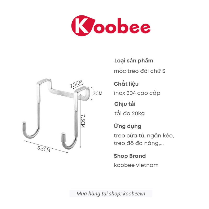 Móc Treo Đồ Đôi Hình Chữ S Gắn Cửa, Ngăn Kéo Tủ INOX 304 Cao Cấp KOOBEE- Treo Khăn Lau, Đồ Dùng Nhà Bếp, Phòng Tắm | 094