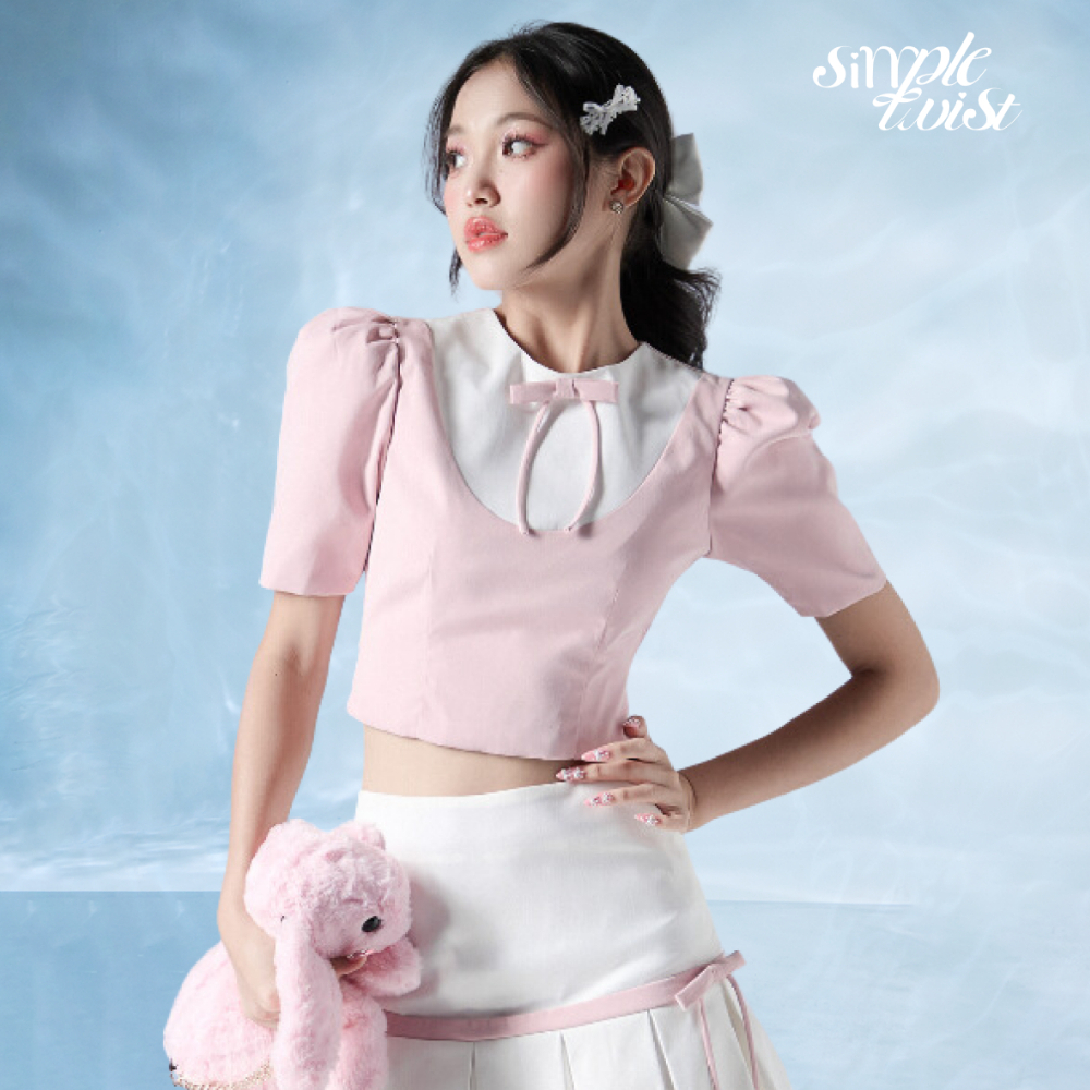 Ảnh Áo dáng ngắn tay phồng đính nơ màu hồng phối trắng PRINCESS phong cách nữ tính - Simple Twist 4