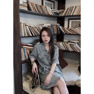 Đầm Nữ Denim Dáng Suông Dài Tay Ngắn Có Cúc Màu Xanh Đậm Phong Cách Đơn Giản Năng Động