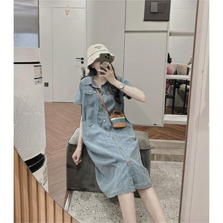 Đầm Nữ Denim Dáng Suông Dài Tay Ngắn Có Cúc Màu Xanh Đậm Phong Cách Đơn Giản Năng Động