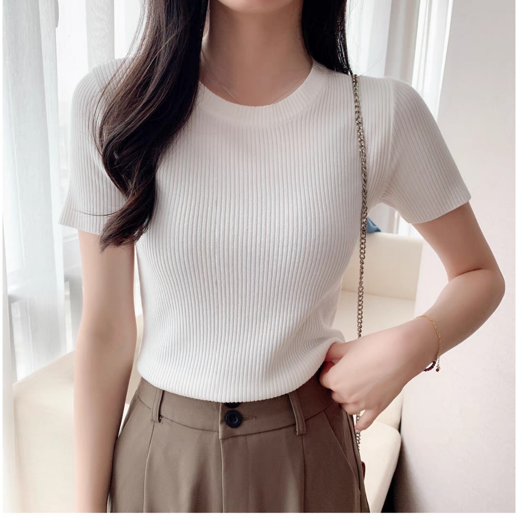 Ảnh Áo Thun Bigsize Nữ Cổ Tròn Ôm Dáng Ngắn Tay Cộc Vải Gân Tăm Co Giãn Tôn Dáng G102 2