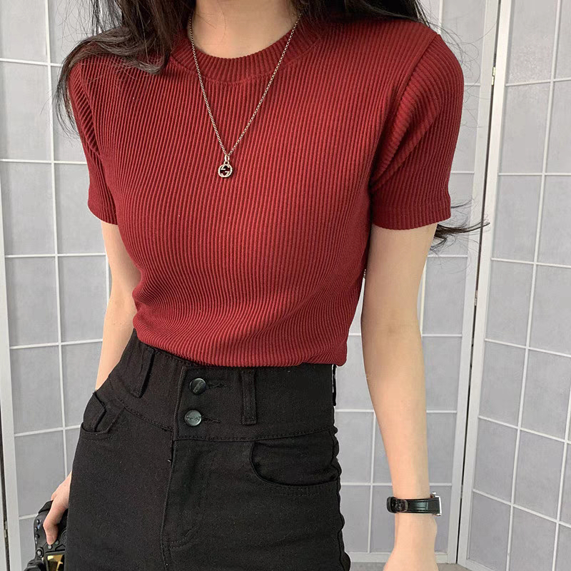 Ảnh Áo Thun Bigsize Nữ Cổ Tròn Ôm Dáng Ngắn Tay Cộc Vải Gân Tăm Co Giãn Tôn Dáng G102 3