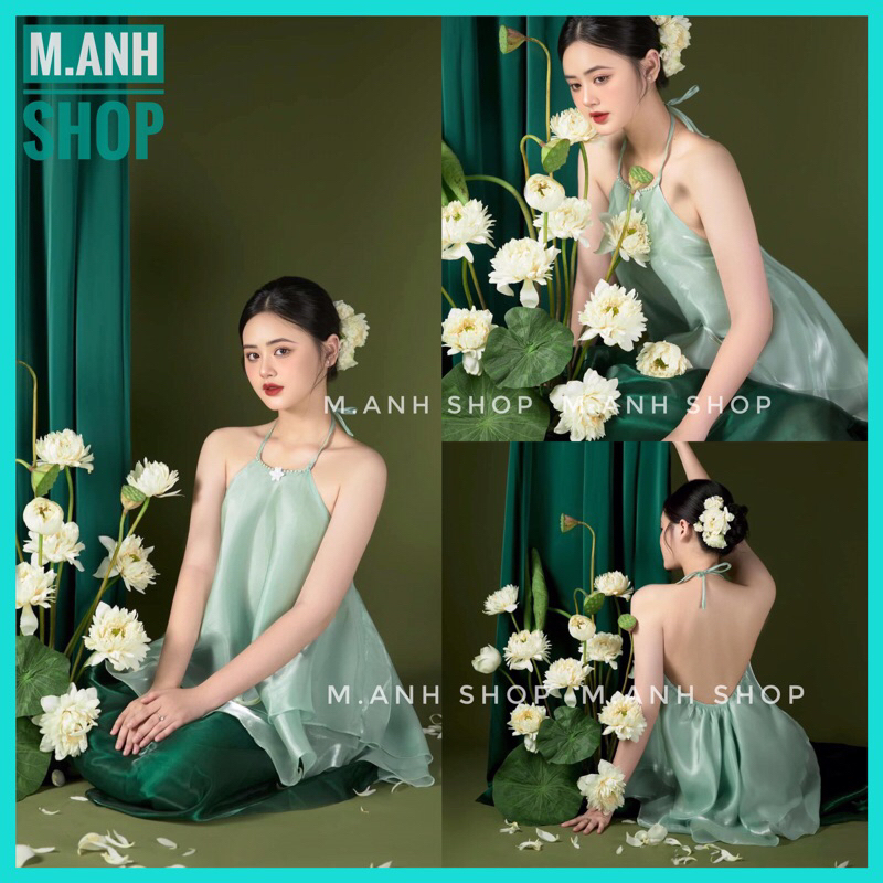 Áo Yếm Voan Xanh Chụp Ảnh Nghệ Thuật Hoa Sen Kèm Váy Lụa Siêu Xinh