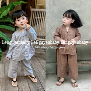 Bộ đồ Lam cho bé gái, Chất Kate mệm mại, mát mẻ cho bé, Quần áo dài tay cho bé mặc đi lễ chùa