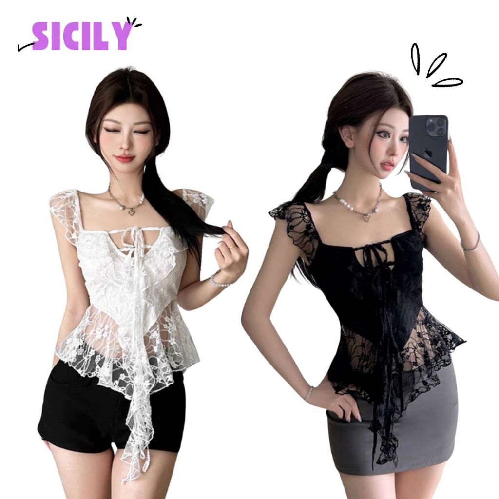 Áo thun tay ngắn nữ Sicily vải ren cổ buộc dây ngọt ngào ZEN603
