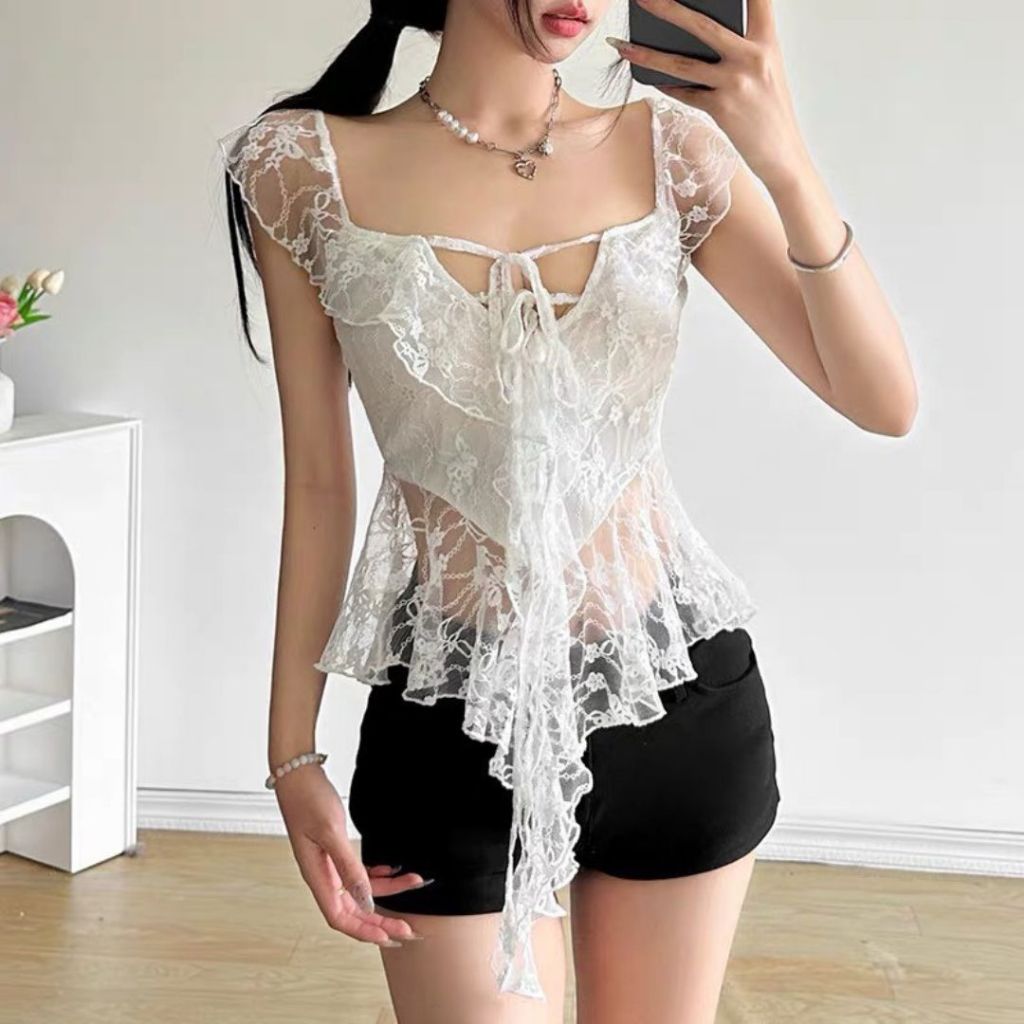 Áo thun tay ngắn nữ Sicily vải ren cổ buộc dây ngọt ngào ZEN603