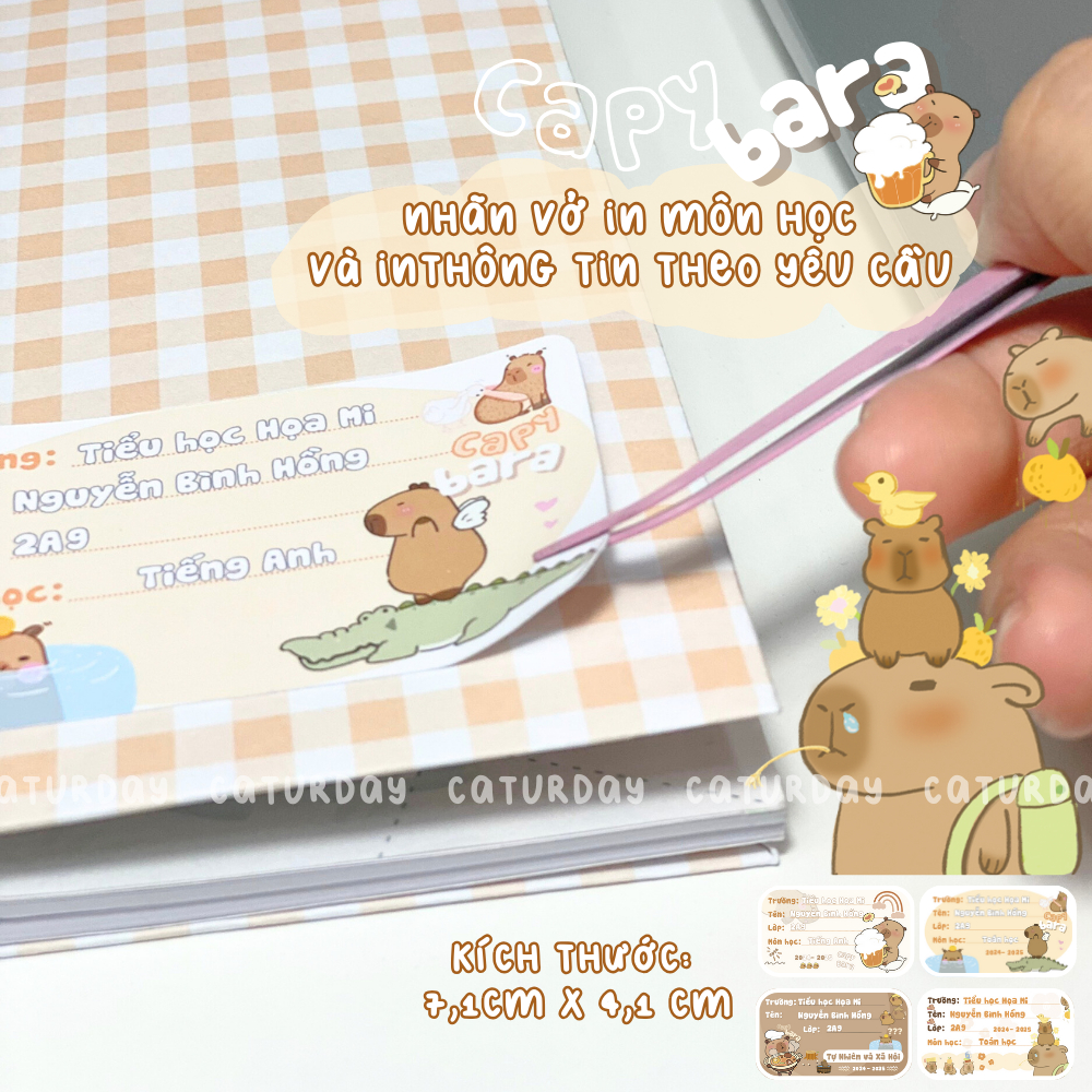 Nhãn vở CAPYBARA MÔN HỌC in thông tin theo yêu cầu cực dễ thương ...