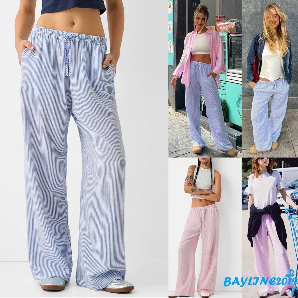 Quần dài Kẻ Sọc ống rộng lưng chun dây rút vải kate form suông unisex ...