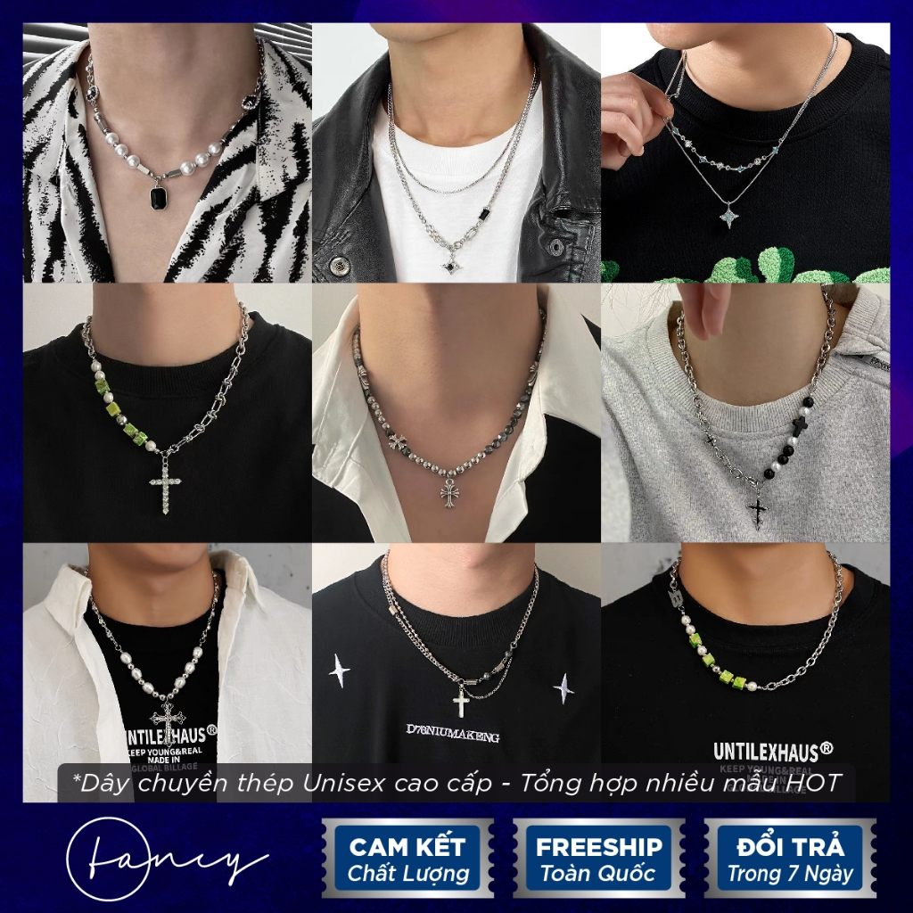 Dây chuyền titan nam nữ đại dương ngọc nhân tạo phối xích, vòng cổ chữ B Fancy nhiều mẫu cá tính