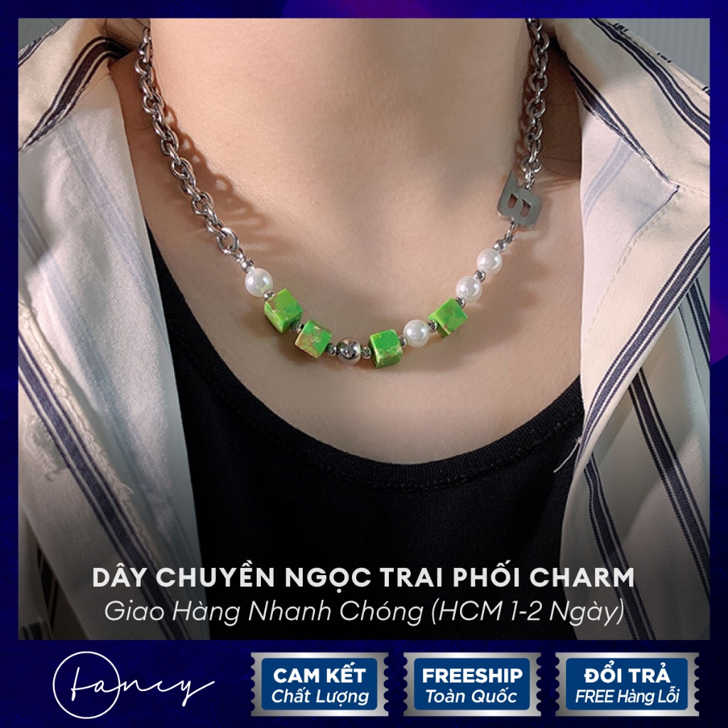 Dây chuyền titan nam nữ hình hộp phối xích không gỉ, vòng cổ chữ B đính ngọc nhân tạo cá tính