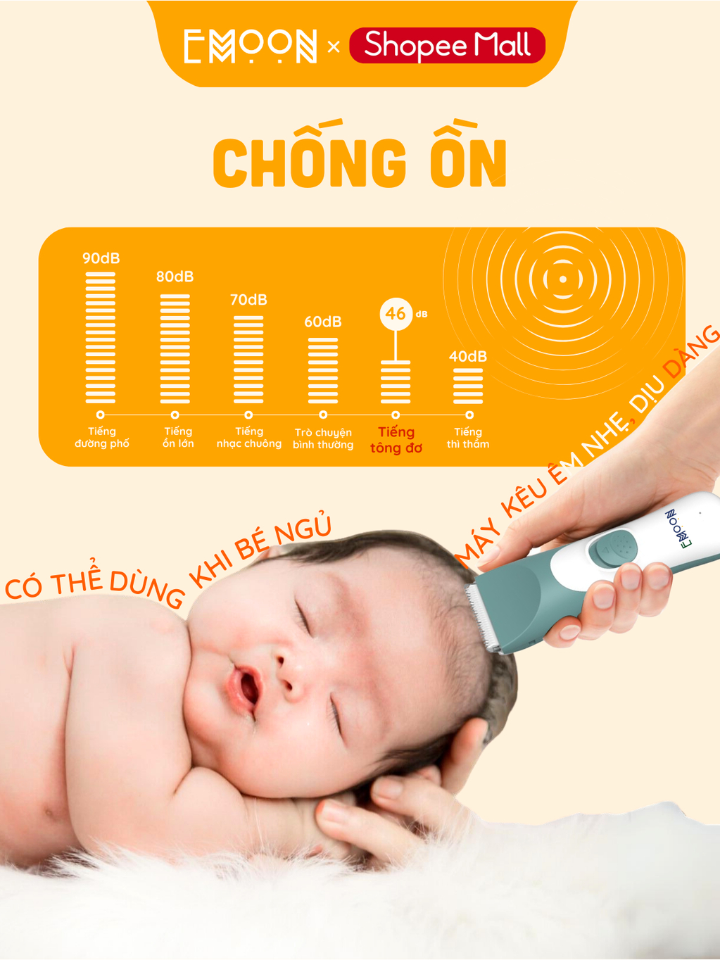 Tông đơ cắt tóc cho bé từ 0-12 tuổi Emoon chống ồn, đầu lưỡi bo tròn an toàn cho bé có sạc pin rời, khả năng chống nước
