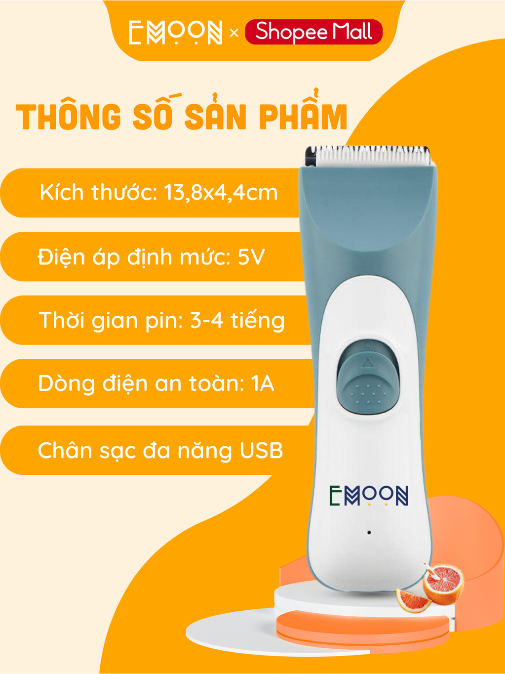 Tông đơ cắt tóc cho bé từ 0-12 tuổi Emoon chống ồn, đầu lưỡi bo tròn an toàn cho bé có sạc pin rời, khả năng chống nước