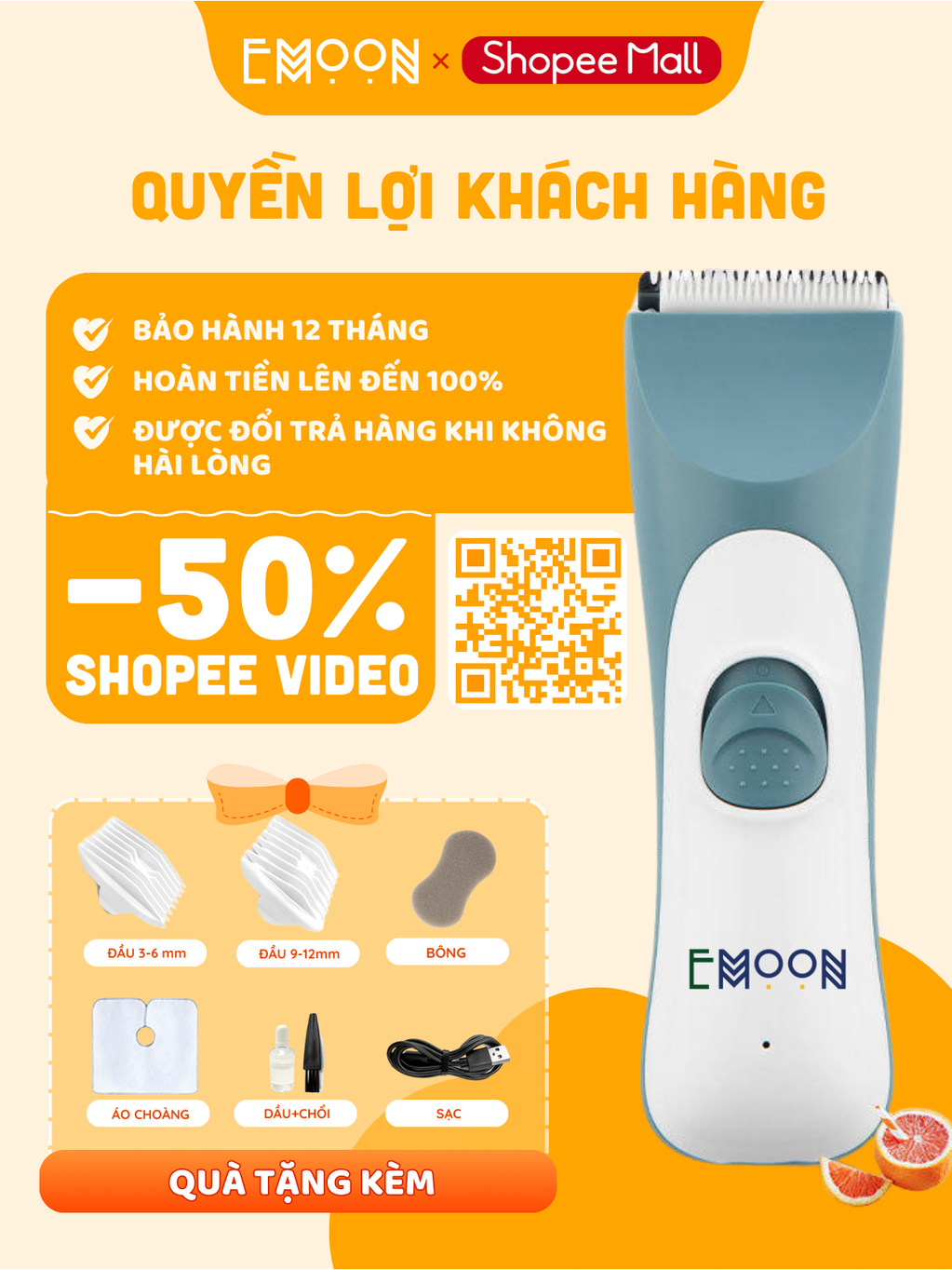 Tông đơ cắt tóc cho bé từ 0-12 tuổi Emoon chống ồn, đầu lưỡi bo tròn an toàn cho bé có sạc pin rời, khả năng chống nước