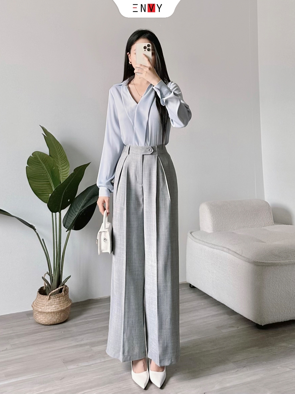 Ảnh Quần Ống Rộng Xếp Ly Lưng Cao ENVY QK52 1