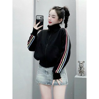 Áo Khoác Nỉ Cổ Cao Tay Phối Viền Sọc 3 Màu Cầu Vòng  CỰC ĐẸP Có Túi Trong Như Hình