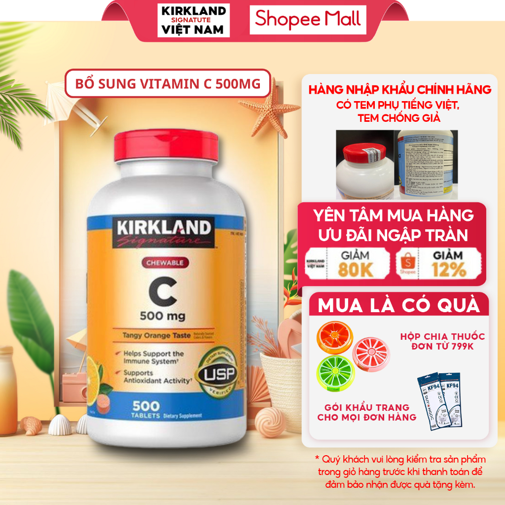 Viên nhai bổ sung vitamin C Kirkland Signature Vitamin C 500mg giúp