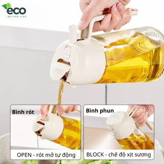 Chai đựng dầu ăn thủy tinh ECO nắp mở tự động, Bình xịt dầu ăn thông minh 2 trong 1 dung tích 470ml