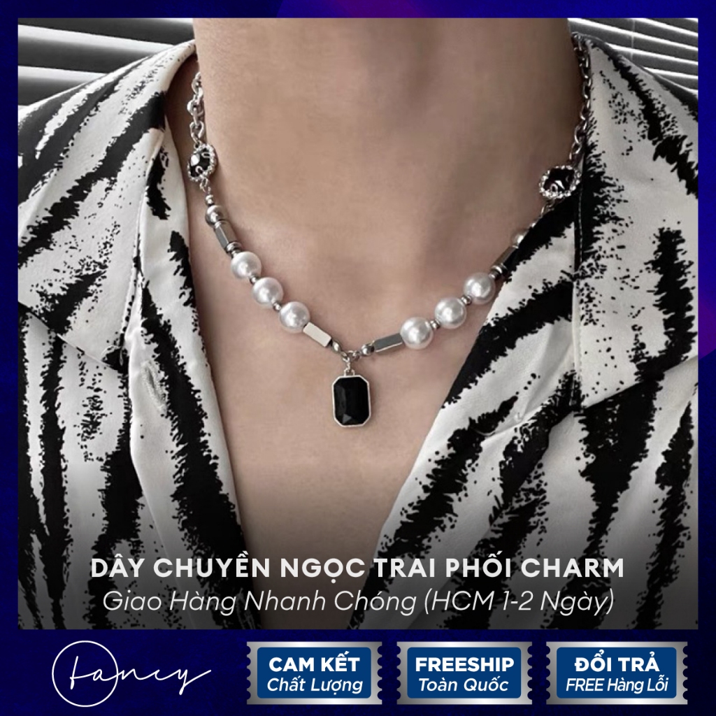 Dây chuyền xích đính ngọc nhân tạo phối đá sang trọng, vòng cổ titan nam nữ thời trang Fancy cá tính