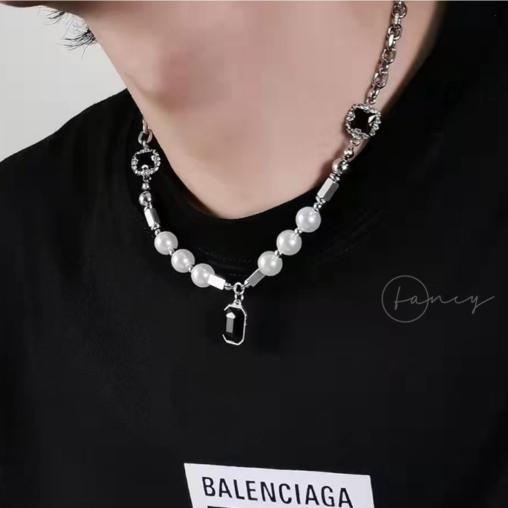 Dây chuyền xích đính ngọc nhân tạo phối đá sang trọng, vòng cổ titan nam nữ thời trang Fancy cá tính
