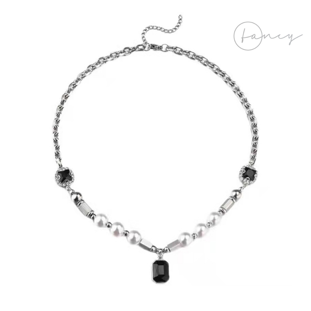 Dây chuyền xích đính ngọc nhân tạo phối đá sang trọng, vòng cổ titan nam nữ thời trang Fancy cá tính