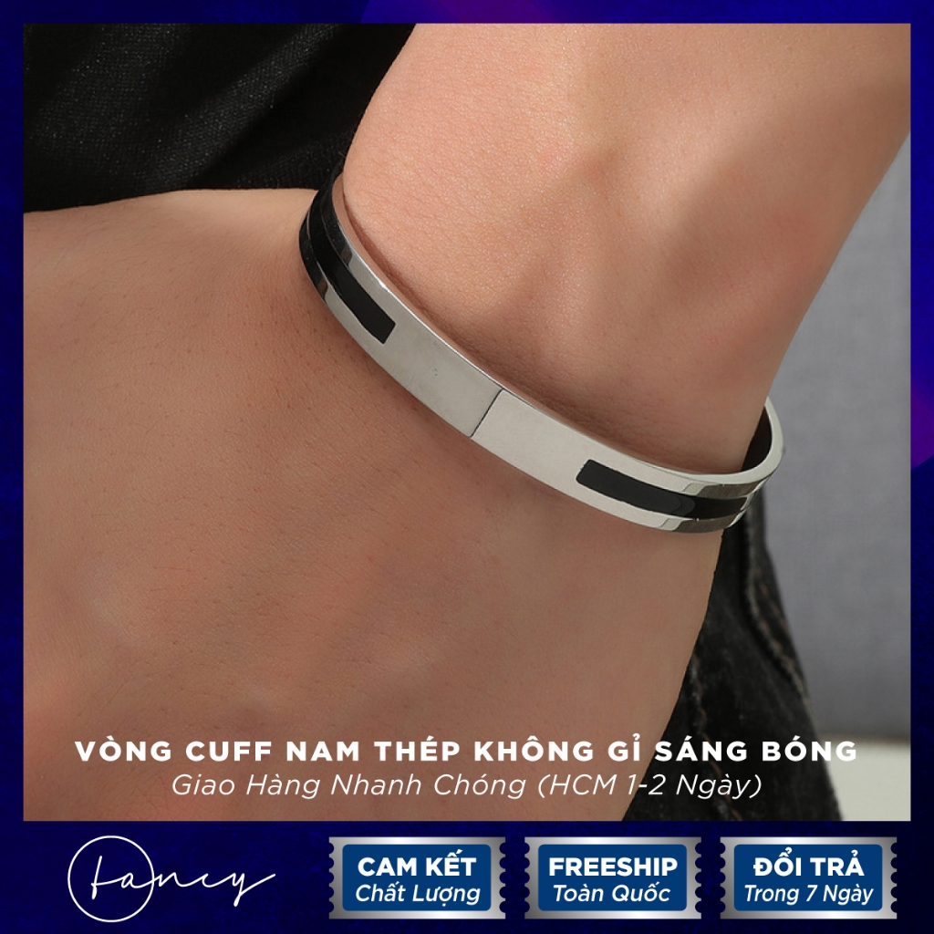 Vòng cuff nam titan viền đen cá tính, vòng lắc tay nam nữ Fancy chất liệu titan cao cấp không gỉ