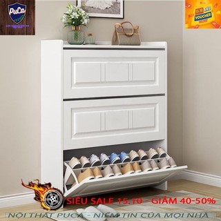 Tủ giày thông minh DQ HOME  3 tầng màu gỗ trắng phong cách tân cổ điền siêu nhỏ gọn phù hợp với mọi không gian