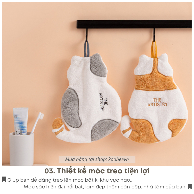 Khăn Lau Tay Có Móc Treo Hình Mèo Vải Nhung San Hô KOOBEE Size Lớn Siêu Thấm Hút Nhanh Khô Cho Nhà Bếp, Nhà Tắm | 096