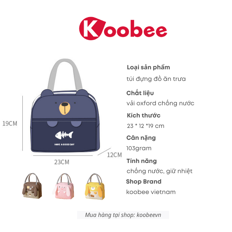 Túi Giữ Nhiệt Đựng Hộp Cơm KOOBEE Vải Oxford Dày Dặn Chống Nước Họa Tiết Hoạt Hình Mang Đi Học Đi Làm Cực Tiện  | 099