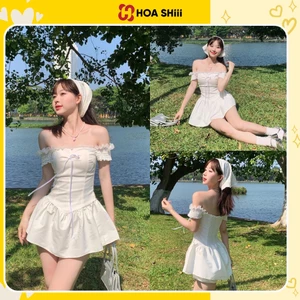 Váy thiết kễ Trễ Vai Phối Nơ Tay Chun 2 Màu Siêu Xinh, Set váy cup ngực phong cách Hàn Quốc