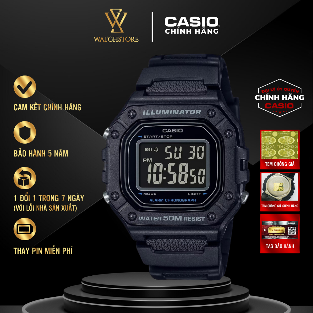 Đồng Hồ Điện Tử Unisex Casio W-218H-1BVDF Trẻ Trung Năng Động Màu Đen ...