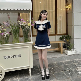Đầm Váy Nữ Cổ Thuỷ Thủ Cột Nơ Xanh Đen Mix Viền Trắng Kem Tay Ngắn Dáng Xoè Xếp Li Phong Cách Nhật Bản